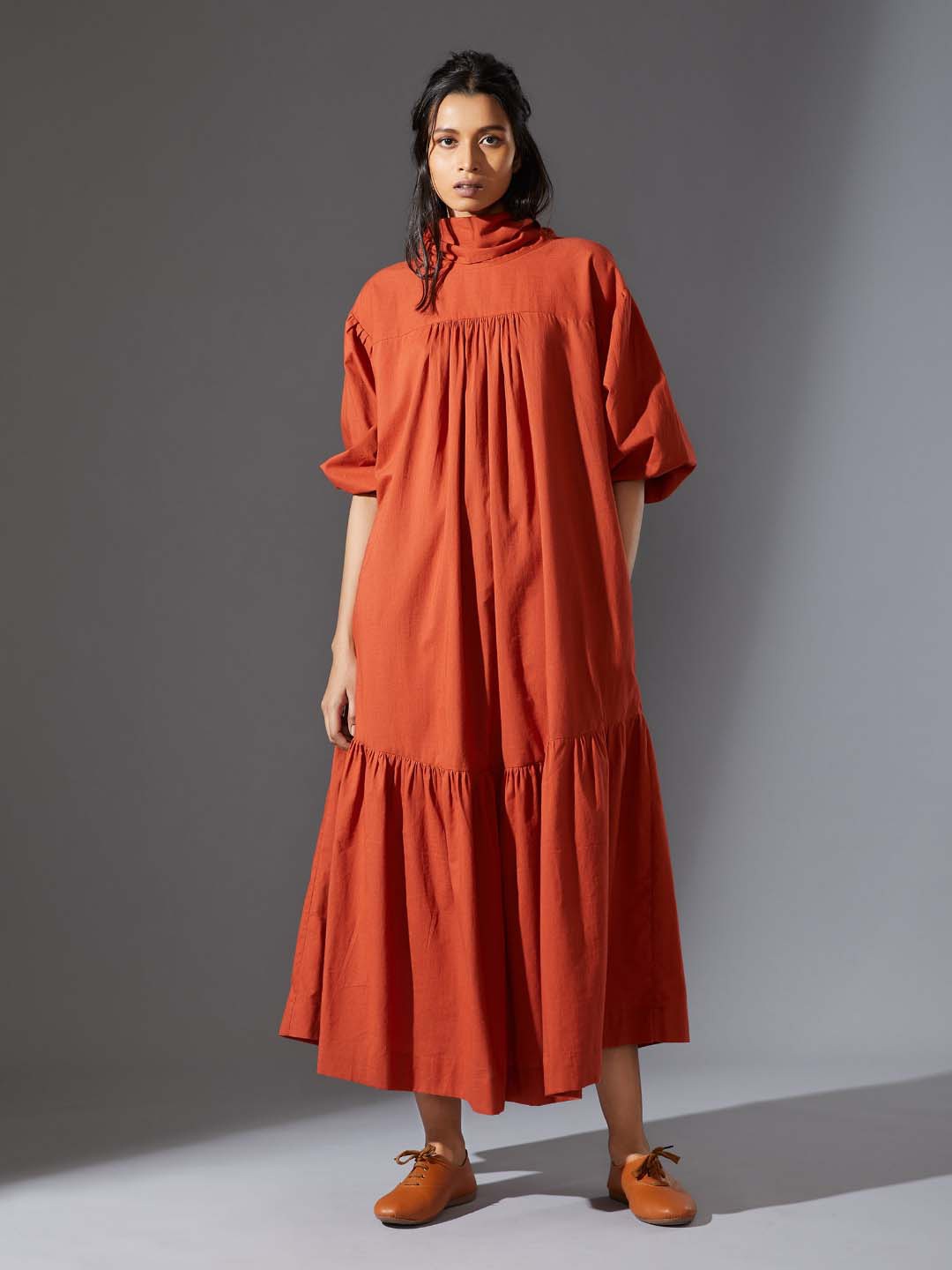 

MATI High Neck Puff Sleeves Cotton Gathered A-Line Maxi Dress, Rust