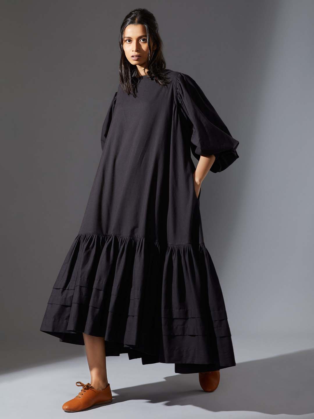 

MATI Puff Sleeve Round Neck Cotton A-Line Midi Dress, Black