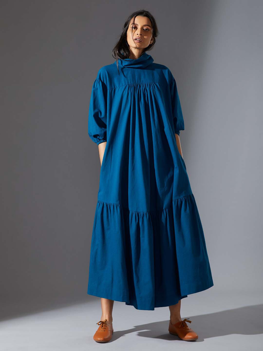 

MATI High Neck Puff Sleeves Cotton Gathered A-Line Maxi Dress, Blue