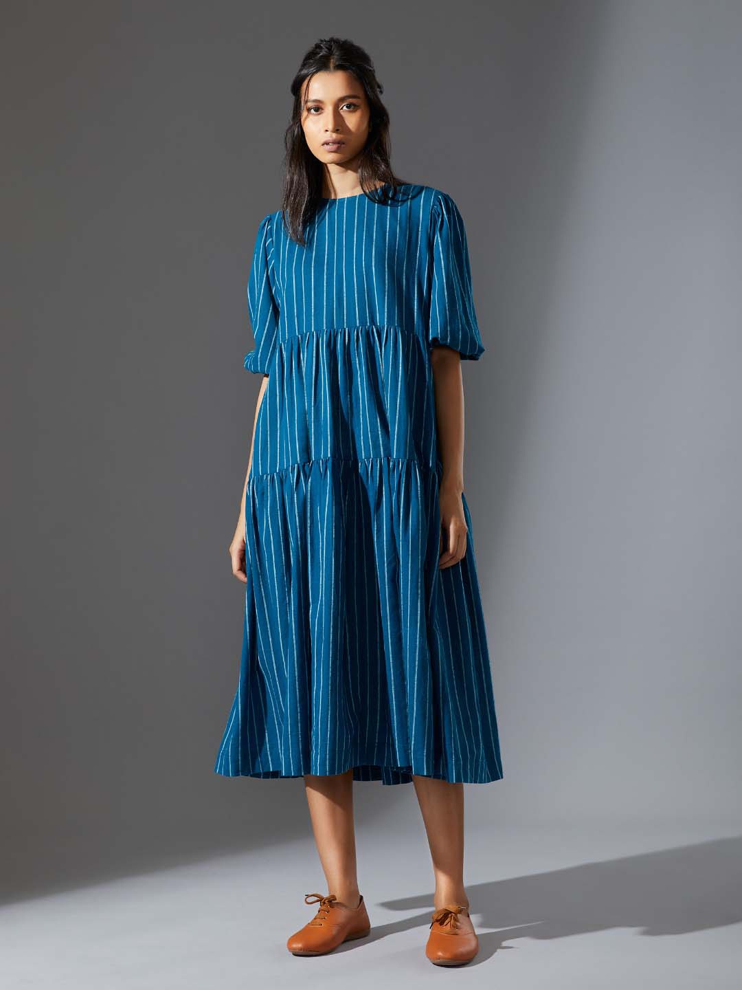 

MATI Striped Puff Sleeves Cotton A-Line Midi Dress, Blue