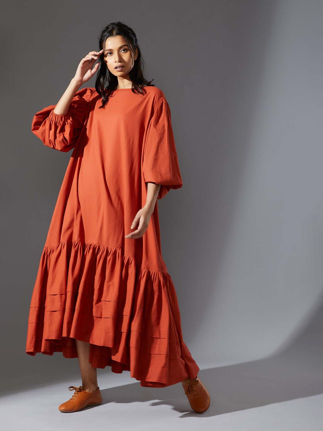 

MATI Puff Sleeve Tiered A-Line Midi Dress, Rust