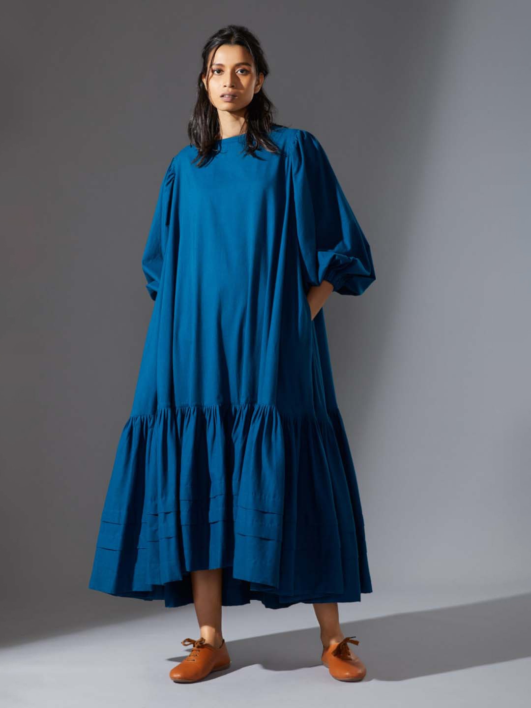 

MATI Puff Sleeve Cotton A-Line Midi Dress, Blue