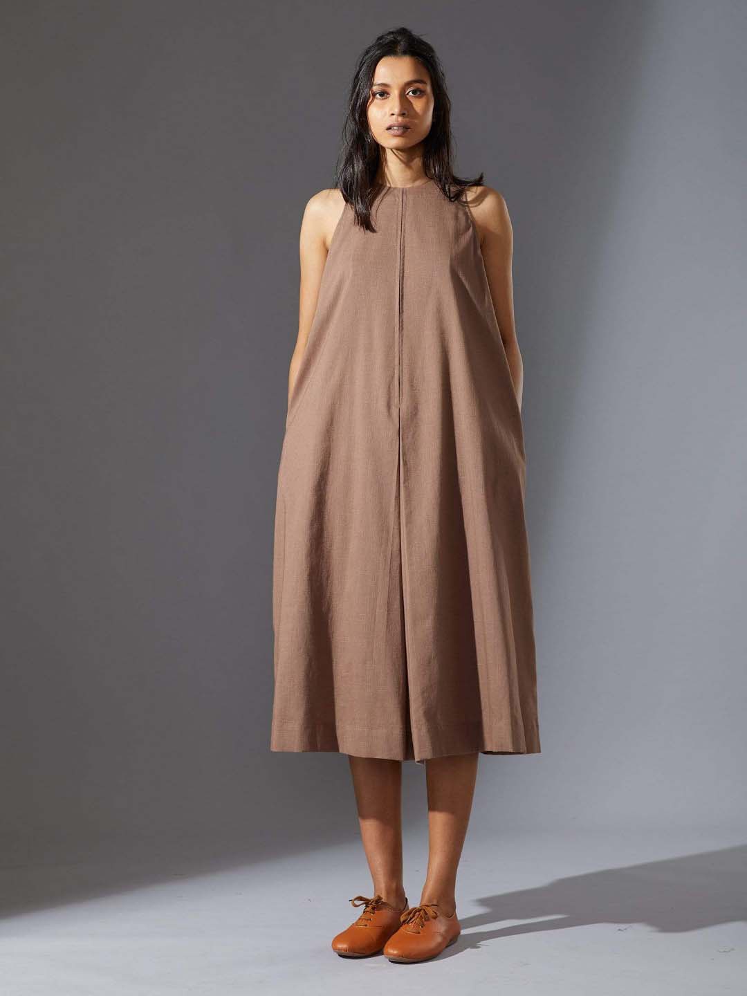 

MATI Sleeveless Pleated Cotton A-Line Midi Dress, Beige