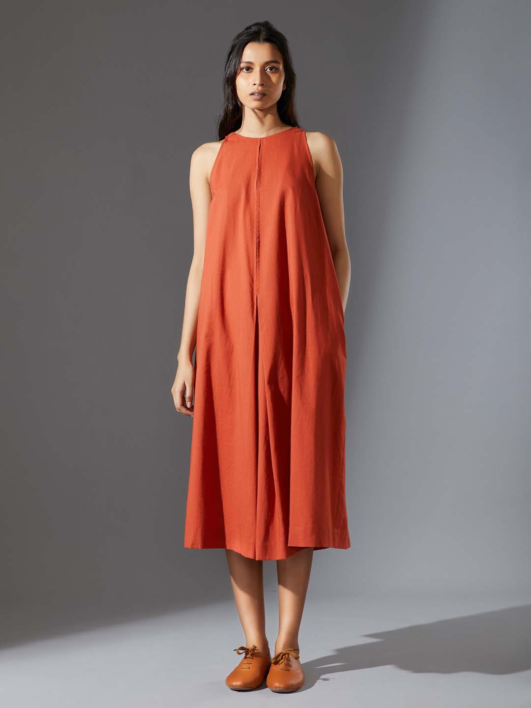 

MATI Sleeveless Pleated Cotton A-Line Midi Dress, Rust