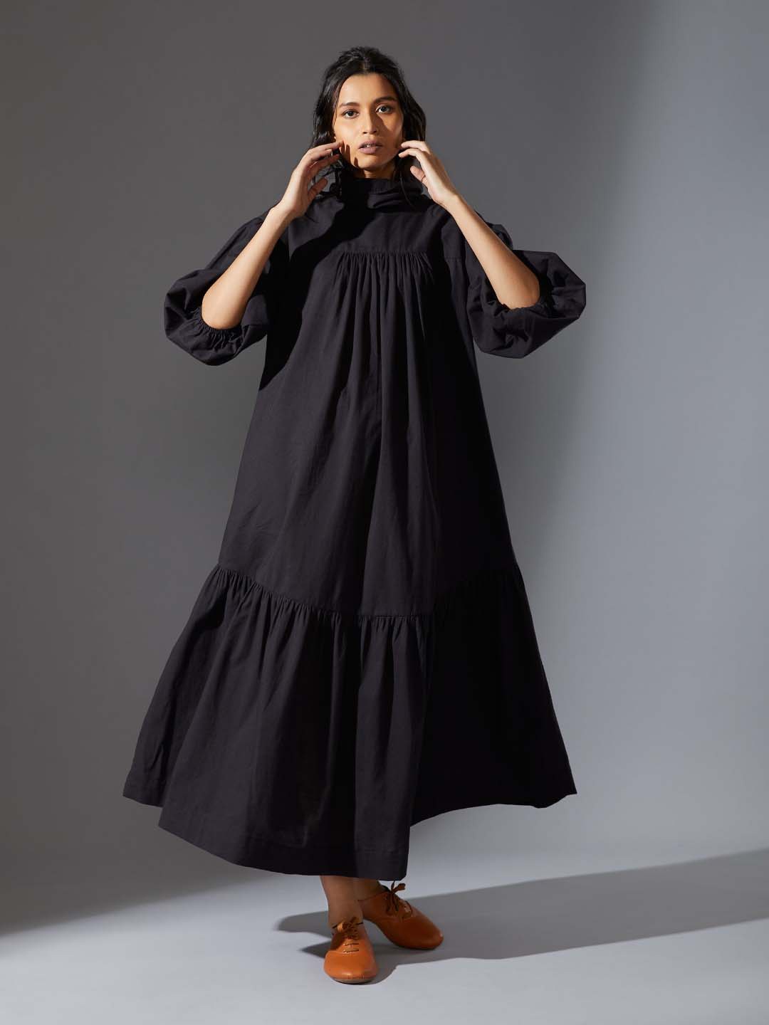 

MATI Puff Sleeve Round Neck Cotton Maxi Dress, Black