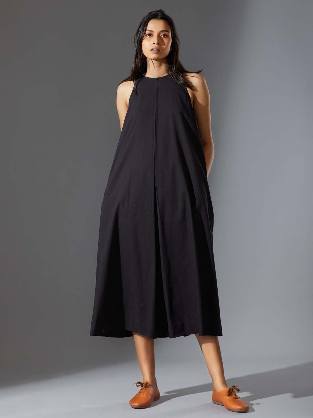 

MATI Sleeveless Pleated Cotton A-Line Midi Dress, Black