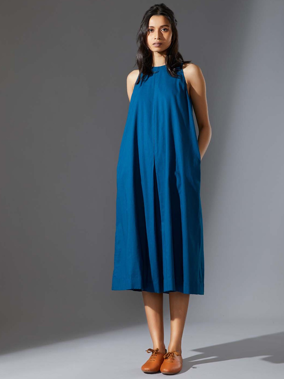 

MATI Sleeveless Pleated Cotton A-Line Midi Dress, Blue