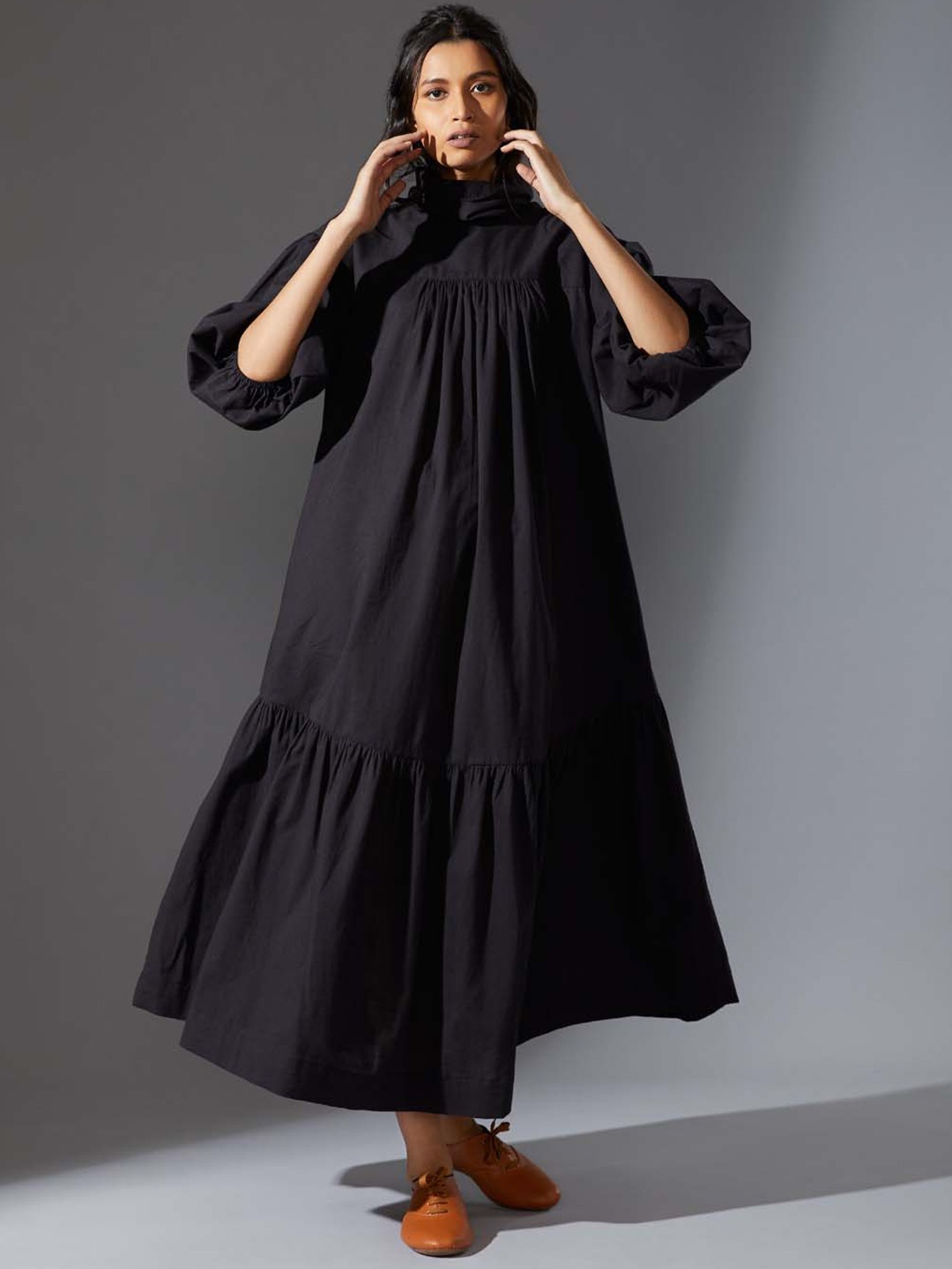 

MATI High Neck Puff Sleeves Tiered A-Line Cotton Maxi Dress, Black