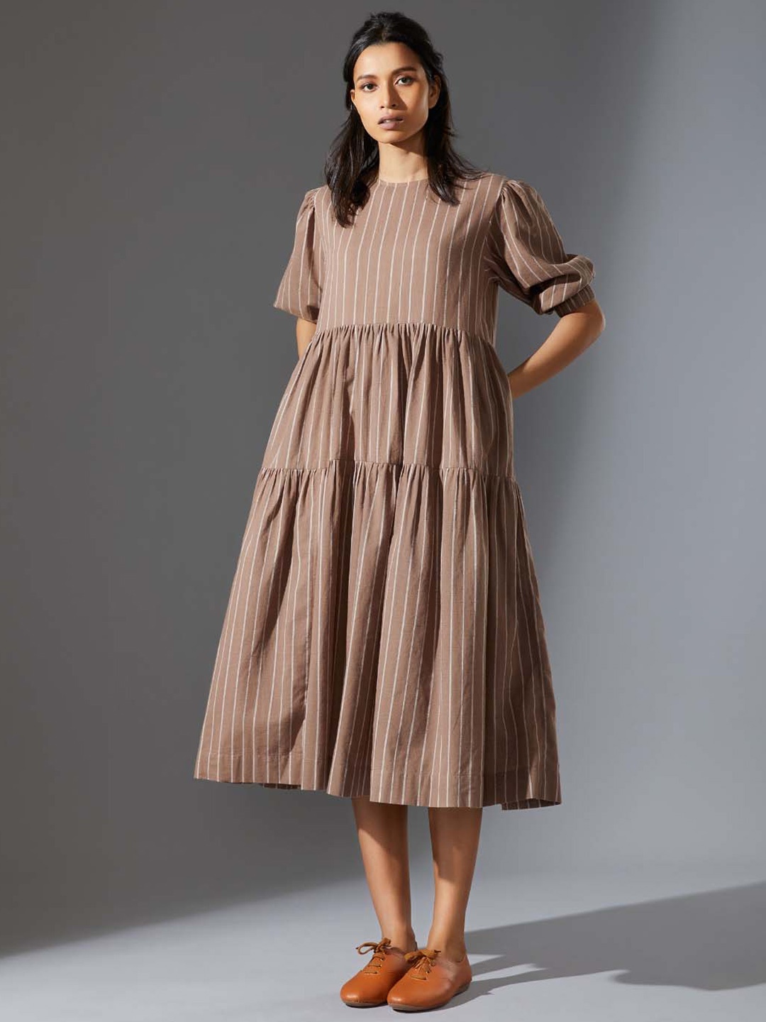 

MATI Striped Puff Sleeves Fit & Flare Cotton Tiered Midi Dress, Beige