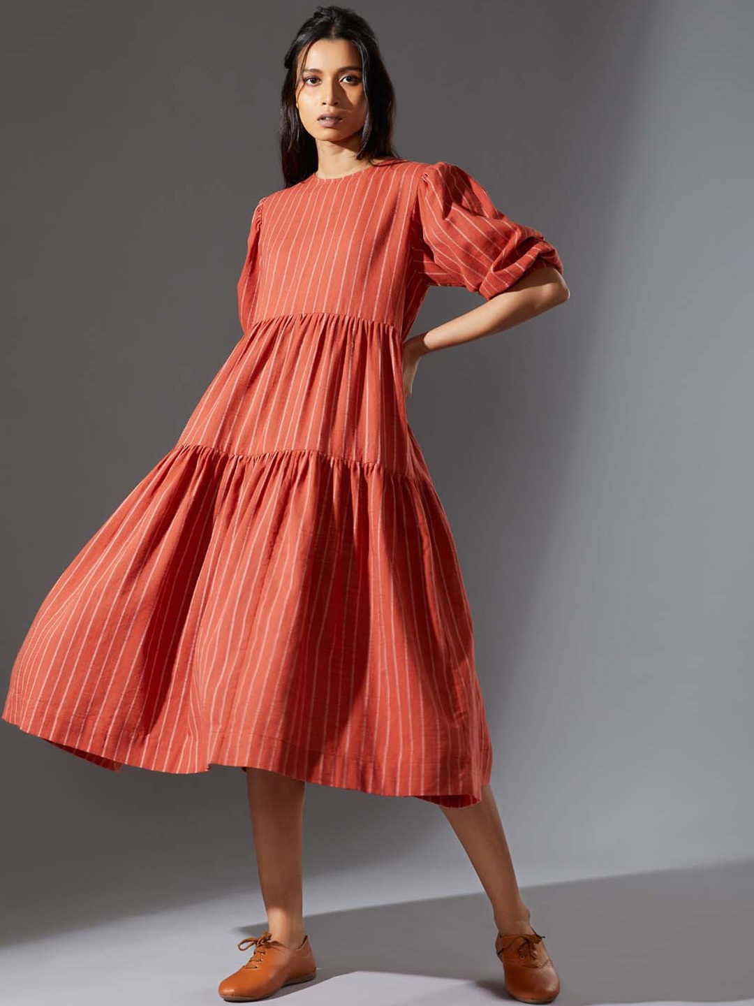 

MATI Striped Puff Sleeves Fit & Flare Cotton Tiered Midi Dress, Rust
