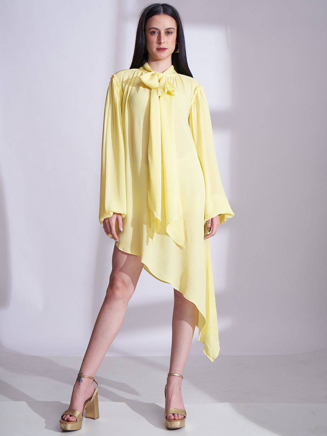 

SATPURUSH A-Line Mandarin Collar Dress, Yellow