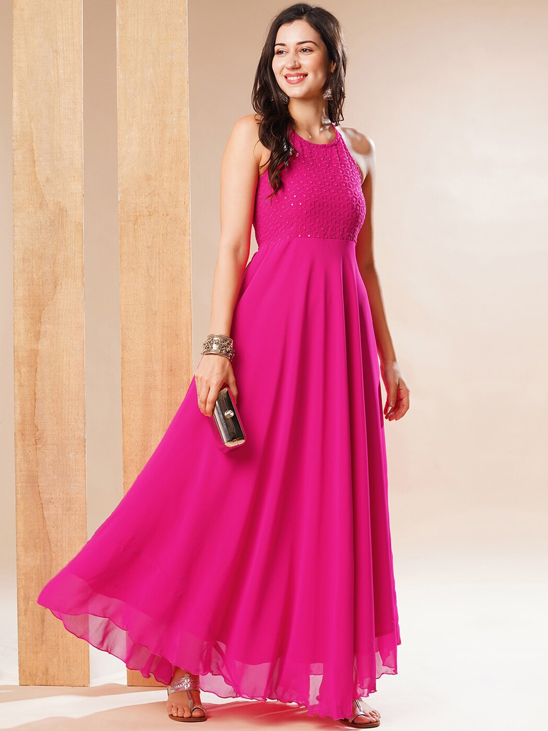 

Globus Halter Neck Sequins Embellished Georgette Fit and Flare Maxi Ethnic Dress, Pink