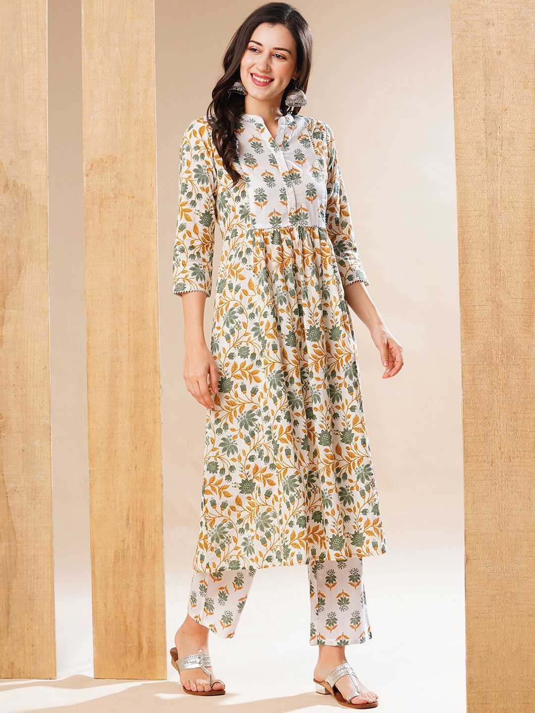 

Globus Off White Floral Print Panelled Pure Cotton A-Line Kurta With Trousers