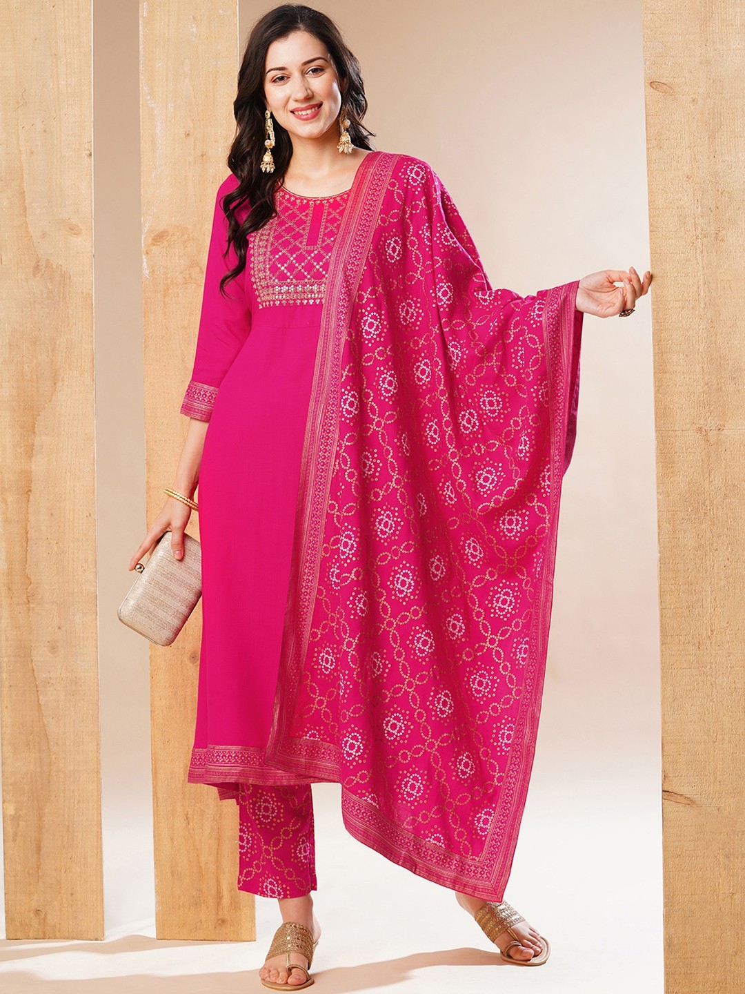 

Globus Pink Embroidered Yoke Design Thread Work A-Line Kurta With Trousers & Dupatta