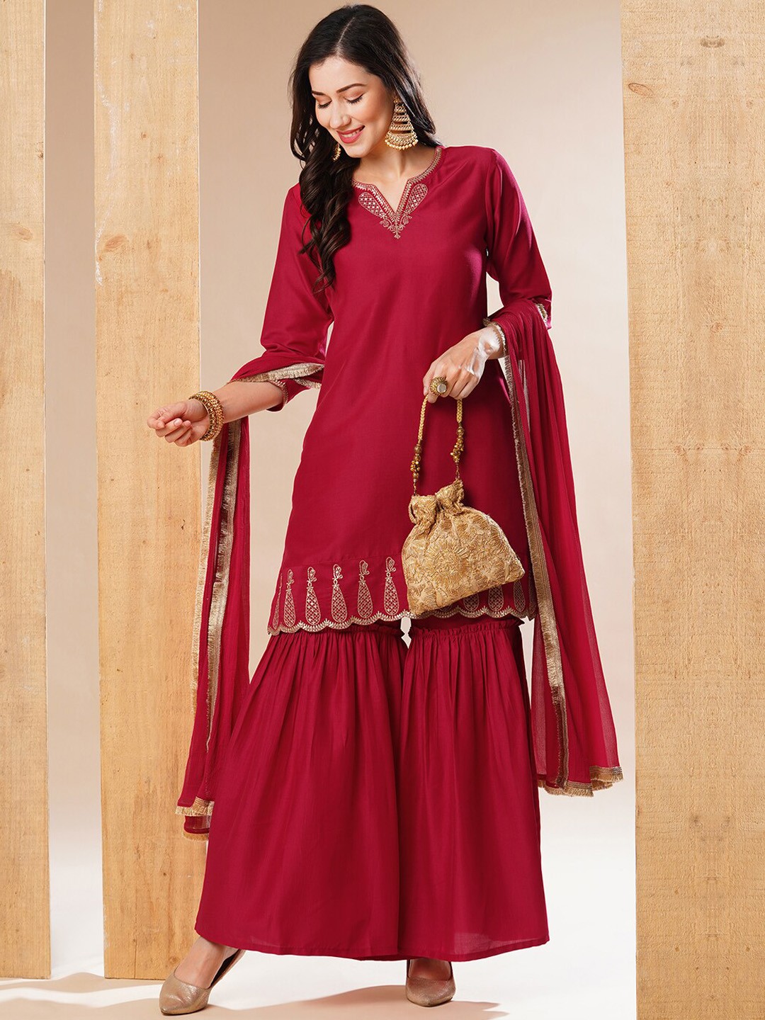 

Globus Embroidered Chanderi Silk Straight Kurta With Sharara & Dupatta, Red