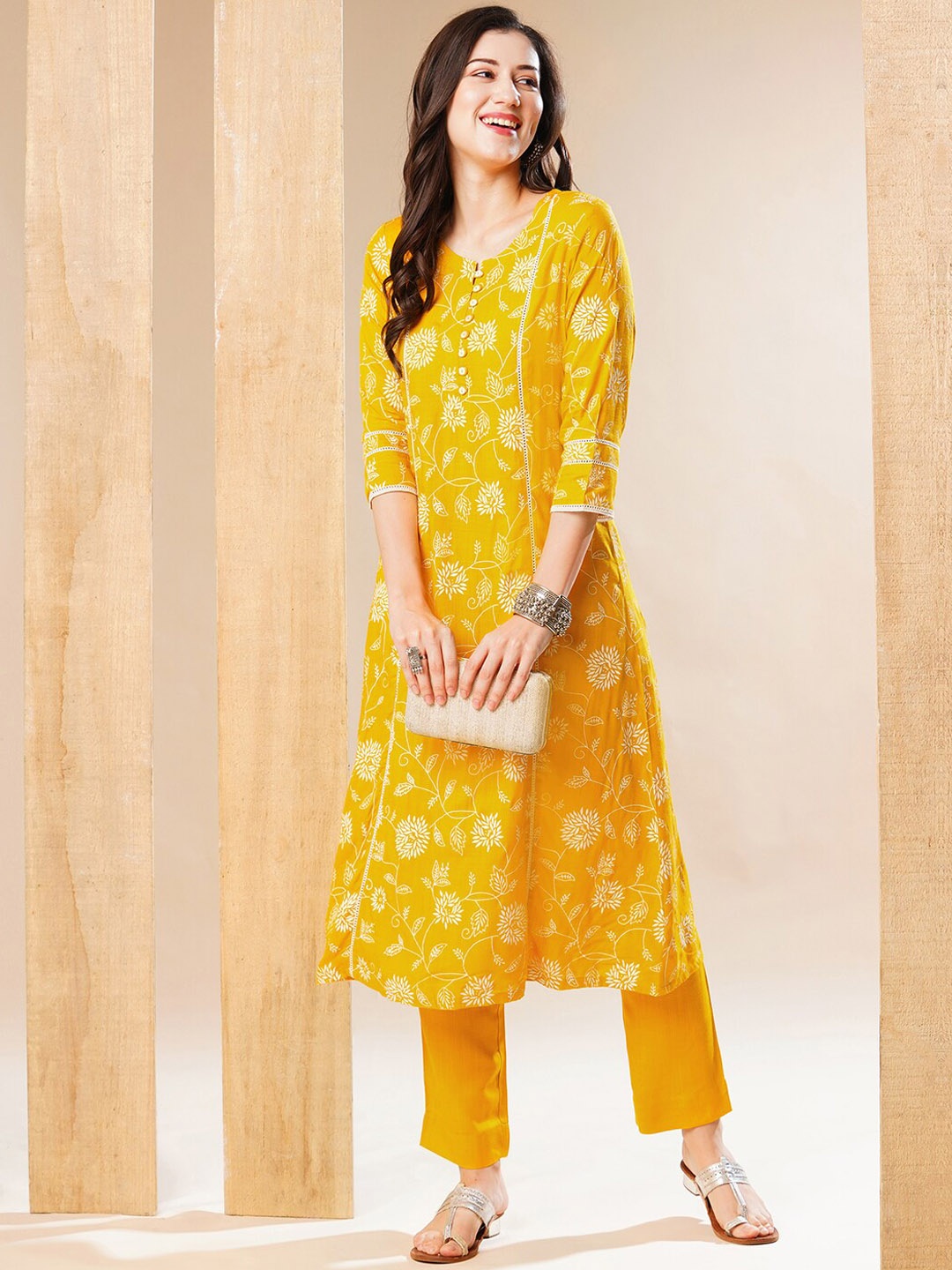 

Globus Yellow & White Floral Printed Panelled A-Line Kurta With Trousers