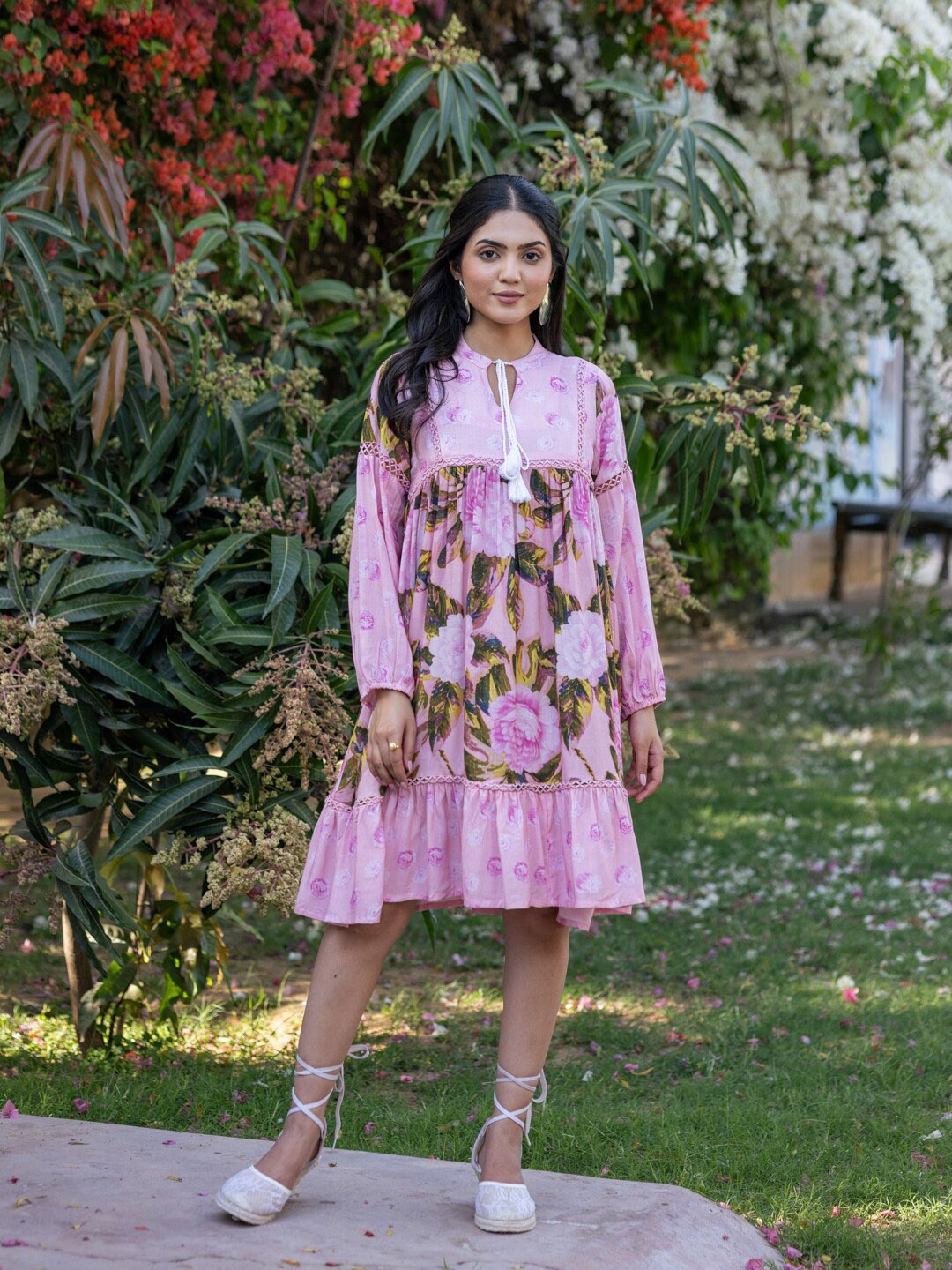 

Ambraee Floral Printed Tie-Up Neck Fit & Flare Dress, Pink