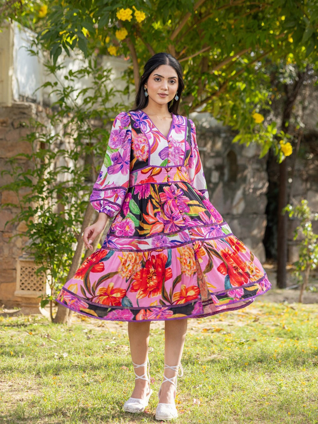 

Ambraee Floral Printed Puff Sleeves Cotton Fit & Flare Dress, Pink