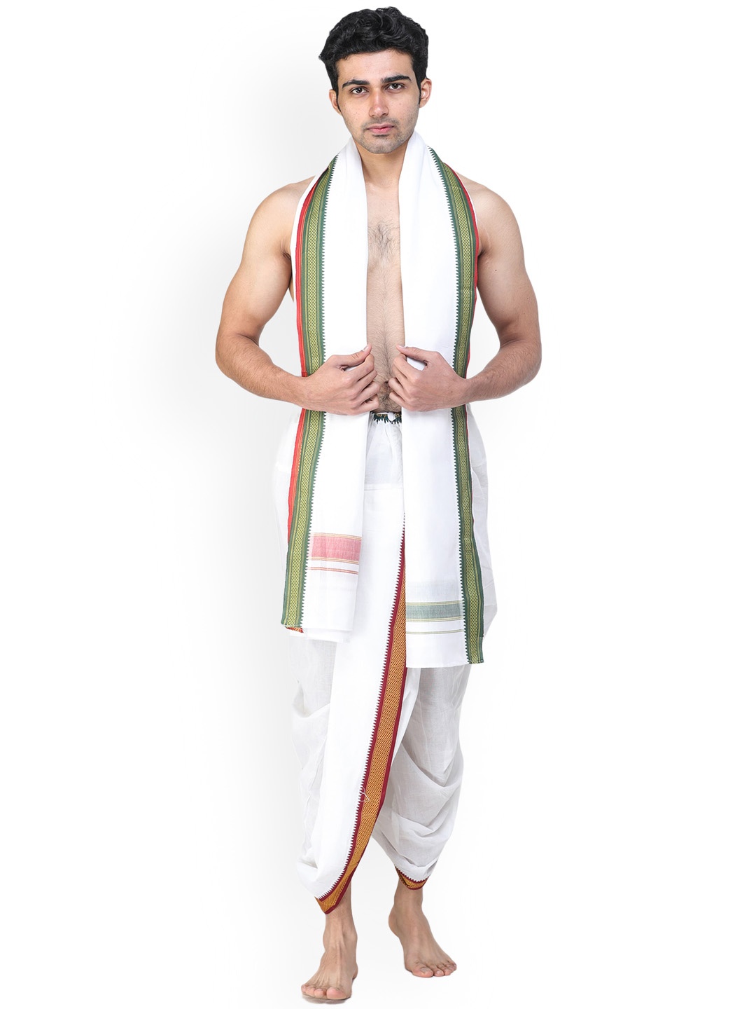 

Exotic India Men Ready to Wear Dhoti And Angavastram Set, White