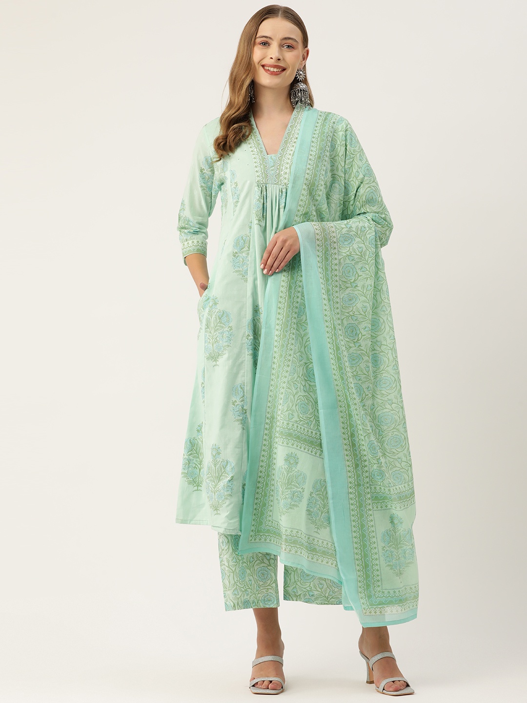 

Jaipur Morni Floral Printed Pleated Sequinned Pure Cotton Kurta with Palazzos & Dupatta, Sea green