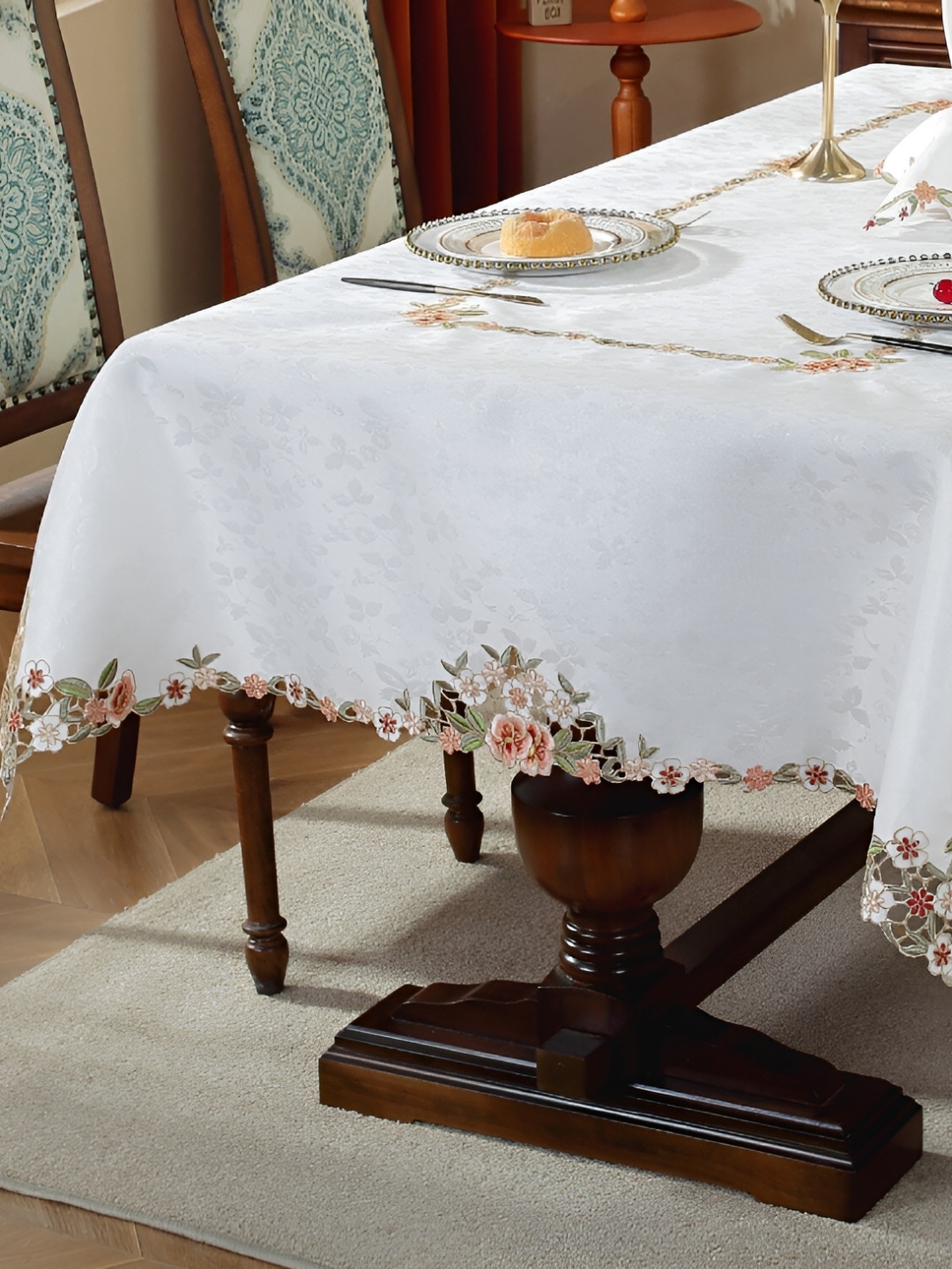 

MONKDECOR Peach-Coloured Floral 2-Seater Table Cover with Embroidered details