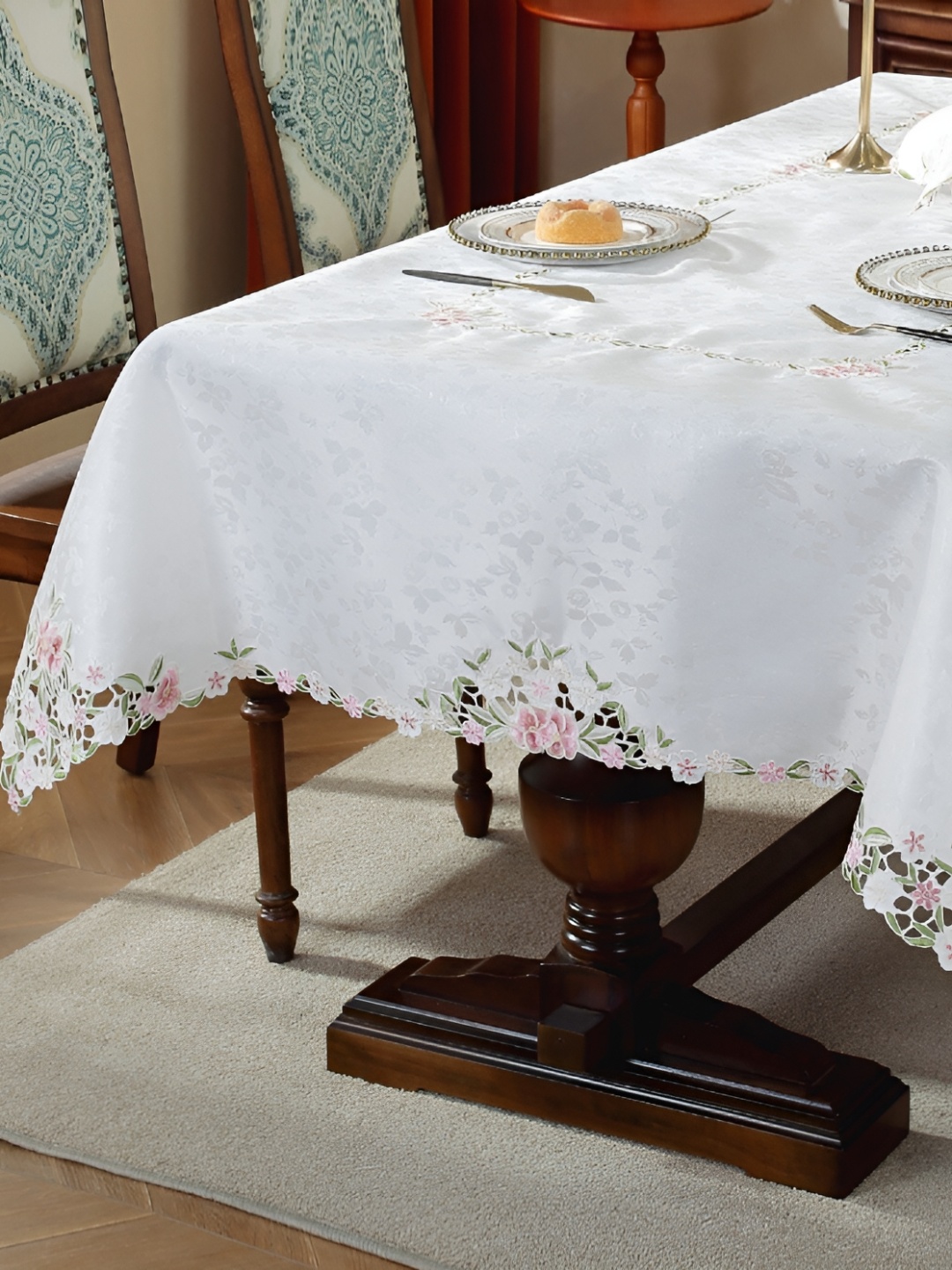 

MONKDECOR Pink Floral 2-Seater Table Cover with Embroidered details
