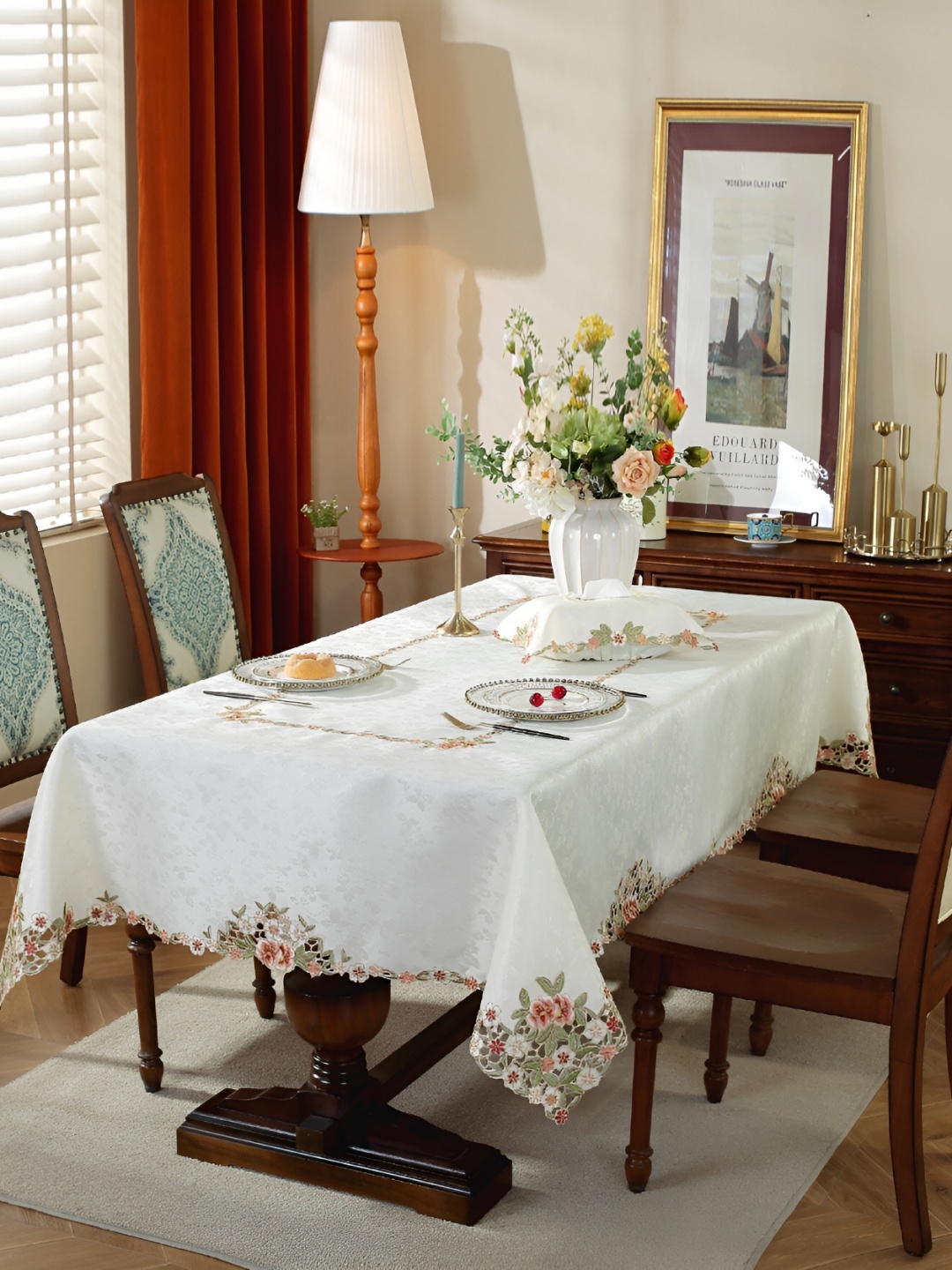 

MONKDECOR Peach-Coloured Floral 6-Seater Table Cover with Embroidered details
