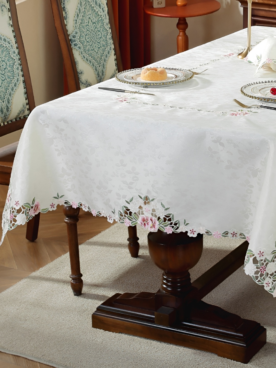 

MONKDECOR Pink Floral 2-Seater Table Cover with Embroidered details