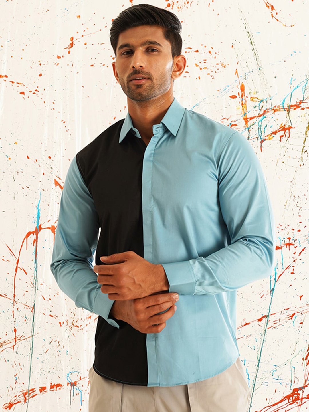 

Indian Needle Classic Colourblocked Spread Collar Cotton Curved Casual Shirt, Turquoise blue