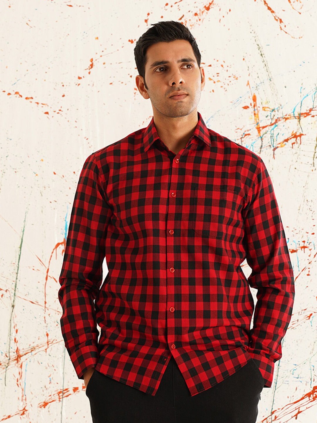 

Indian Needle Classic Checked Spread Collar Cotton Curved Casual Shirt, Red