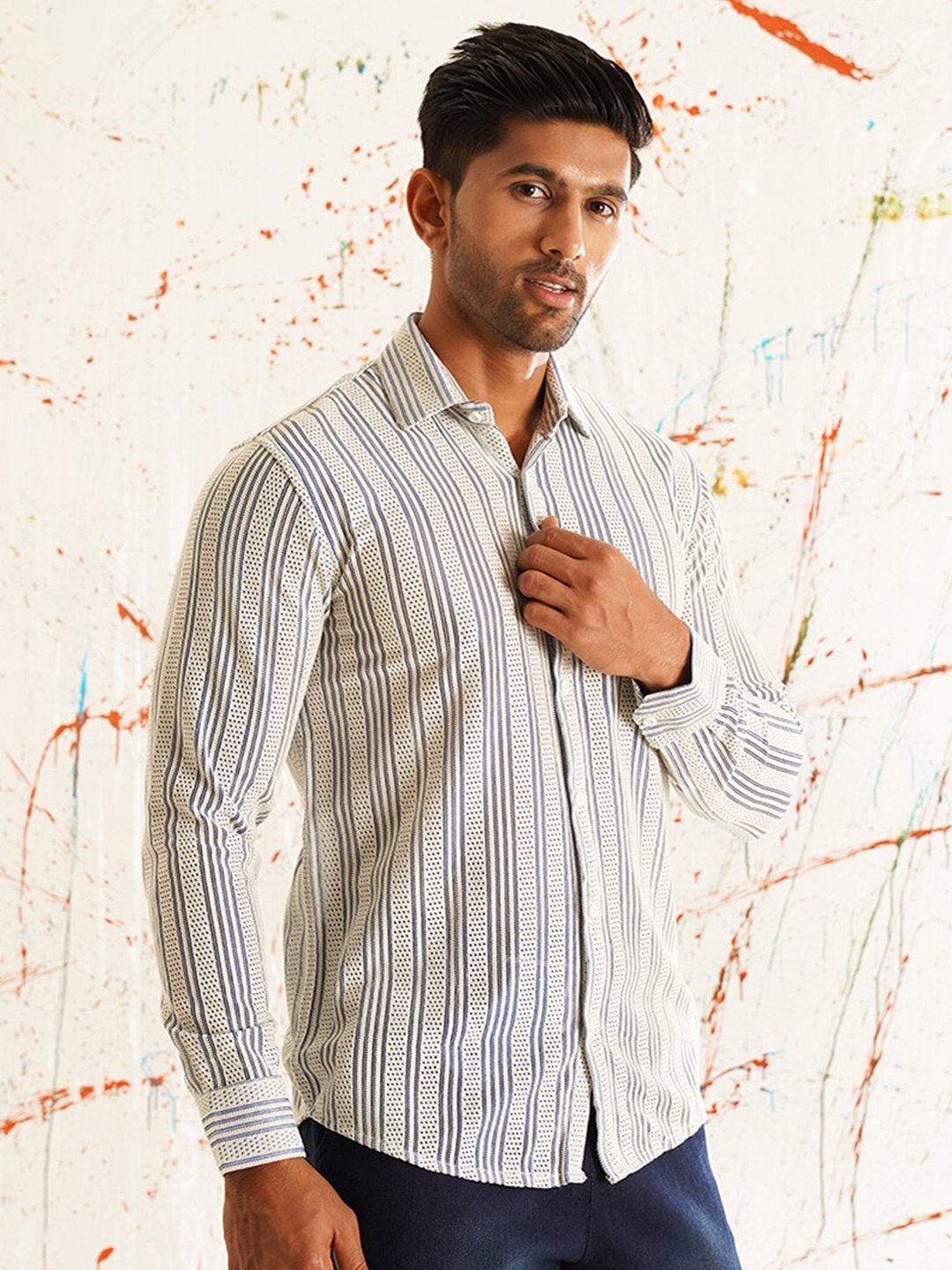 

Indian Needle Classic Striped Spread Collar Cotton Wrinkle Free Casual Shirt, Off white