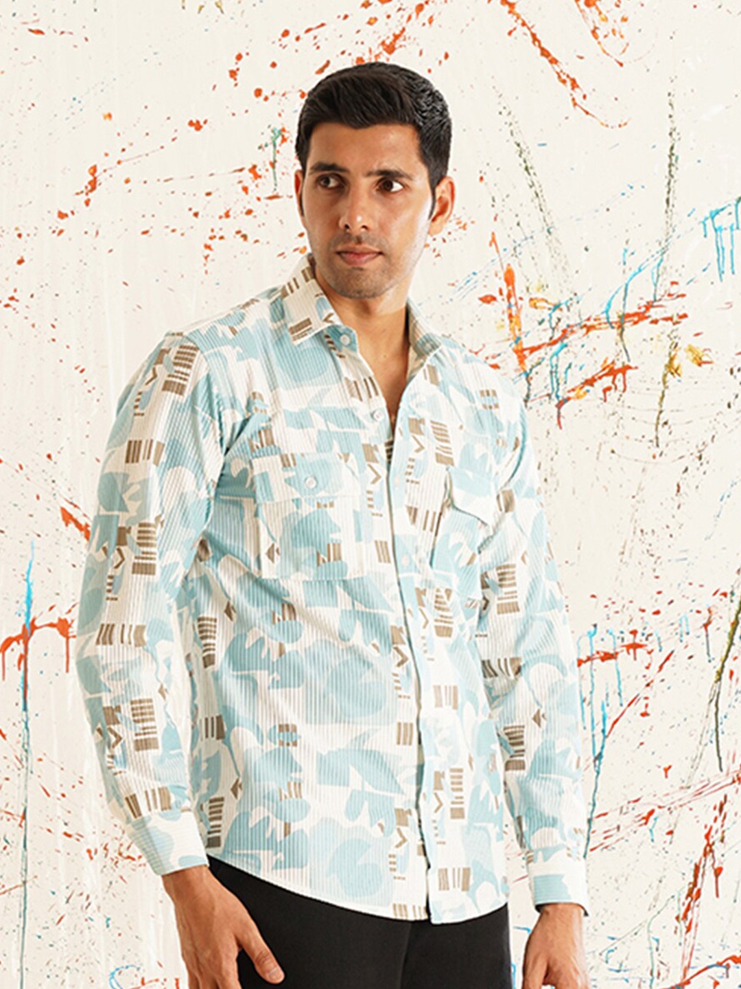 

Indian Needle Classic Graphic Printed Spread Collar Cotton Curved Casual Shirt, Turquoise blue