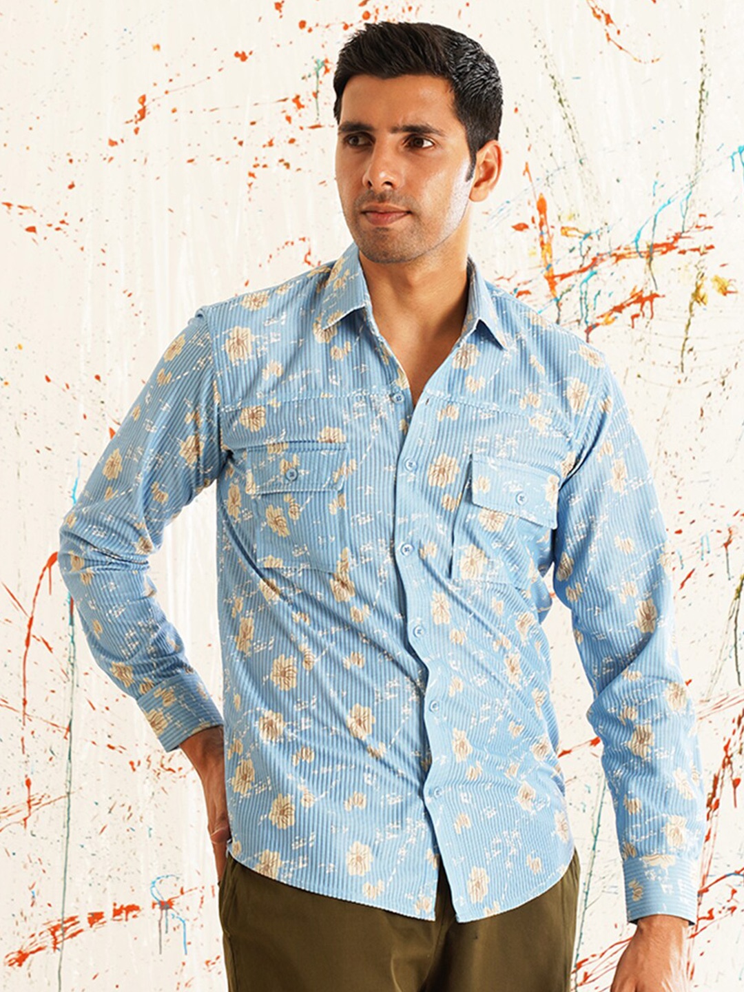

Indian Needle Classic Floral Printed Spread Collar Cotton Curved Casual Shirt, Blue