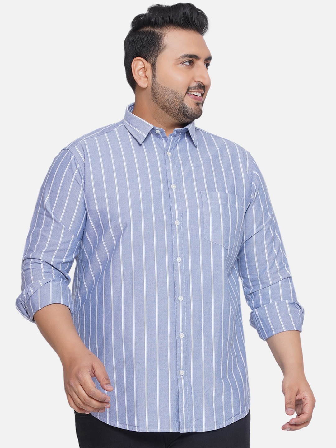 

Santonio Classic Plus Size Spread Collar Striped Cotton Casual Shirt, Blue