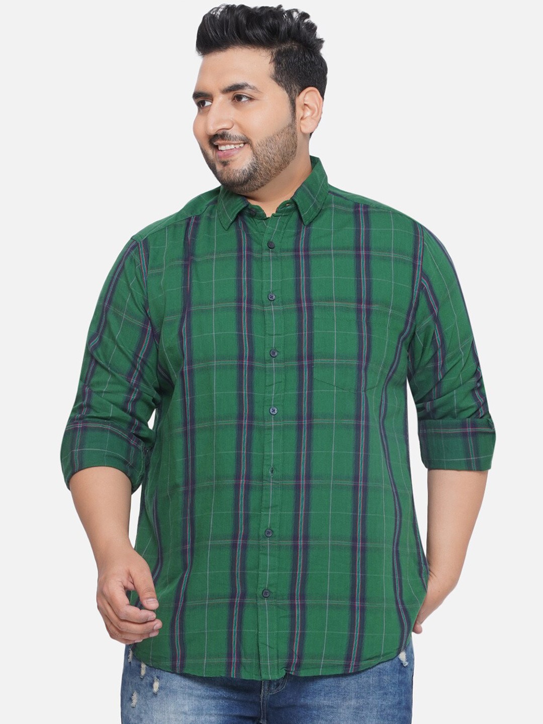 

Santonio Classic Plus Size Spread Collar Checked Cotton Casual Shirt, Green