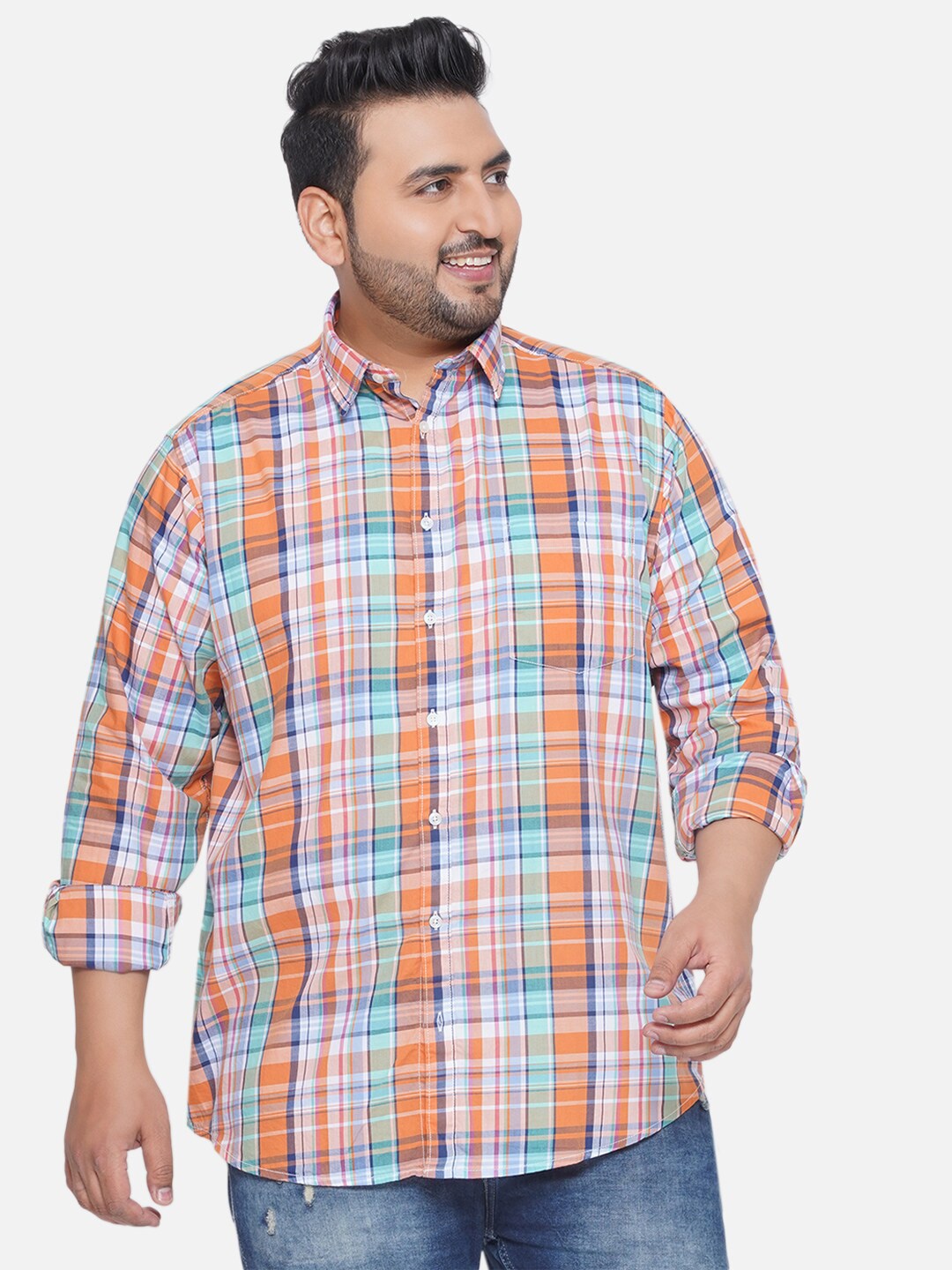

Santonio Classic Plus Size Spread Collar Tartan Checks Checked Casual Shirt, Orange