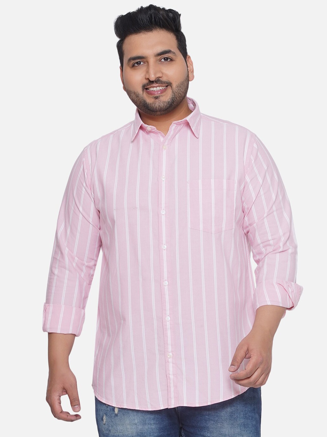 

Santonio Classic Plus Size Spread Collar Opaque Striped Cotton Casual Shirt, Pink