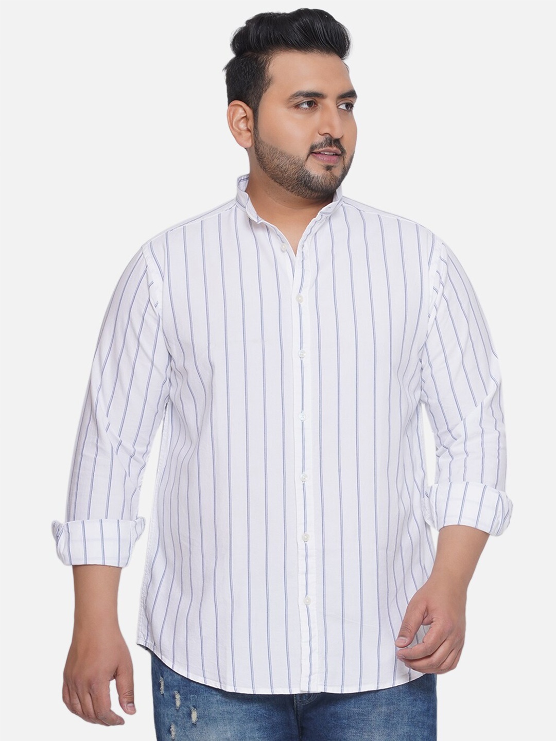 

Santonio Classic Plus Size Mandarin Collar Opaque Striped Cotton Casual Shirt, White