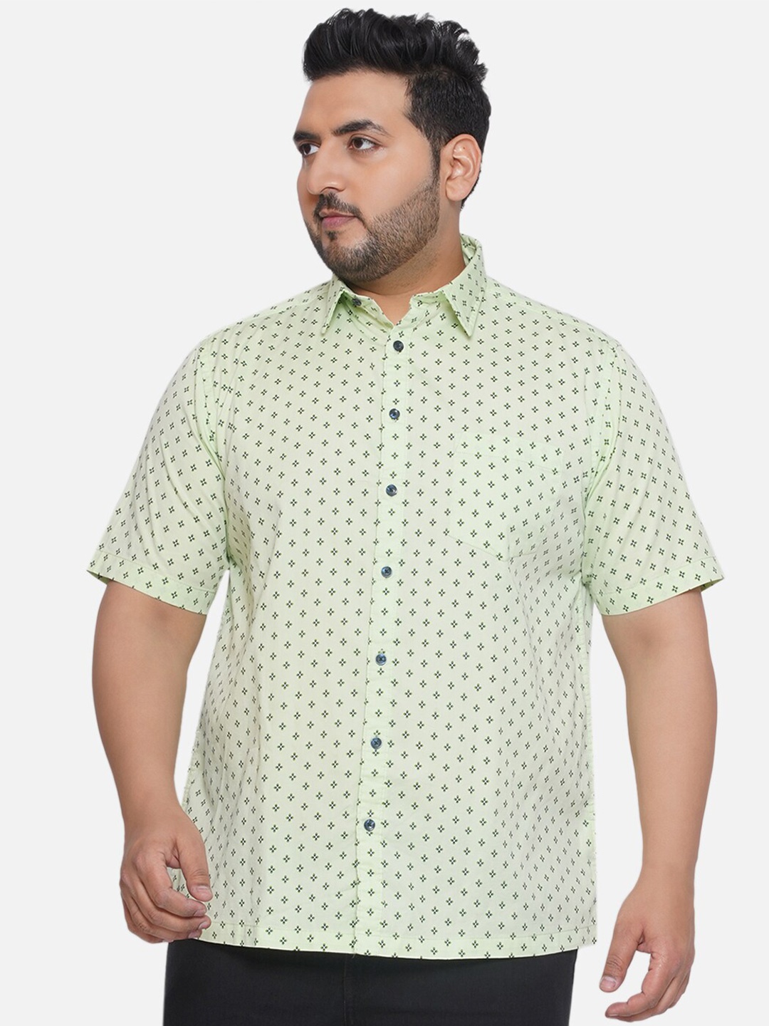 

Santonio Classic Plus Size Spread Collar Opaque Printed Cotton Casual Shirt, Green