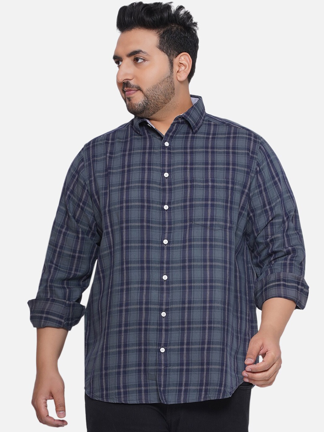 

Santonio Classic Plus Size Spread Collar Checked Cotton Casual Shirt, Charcoal