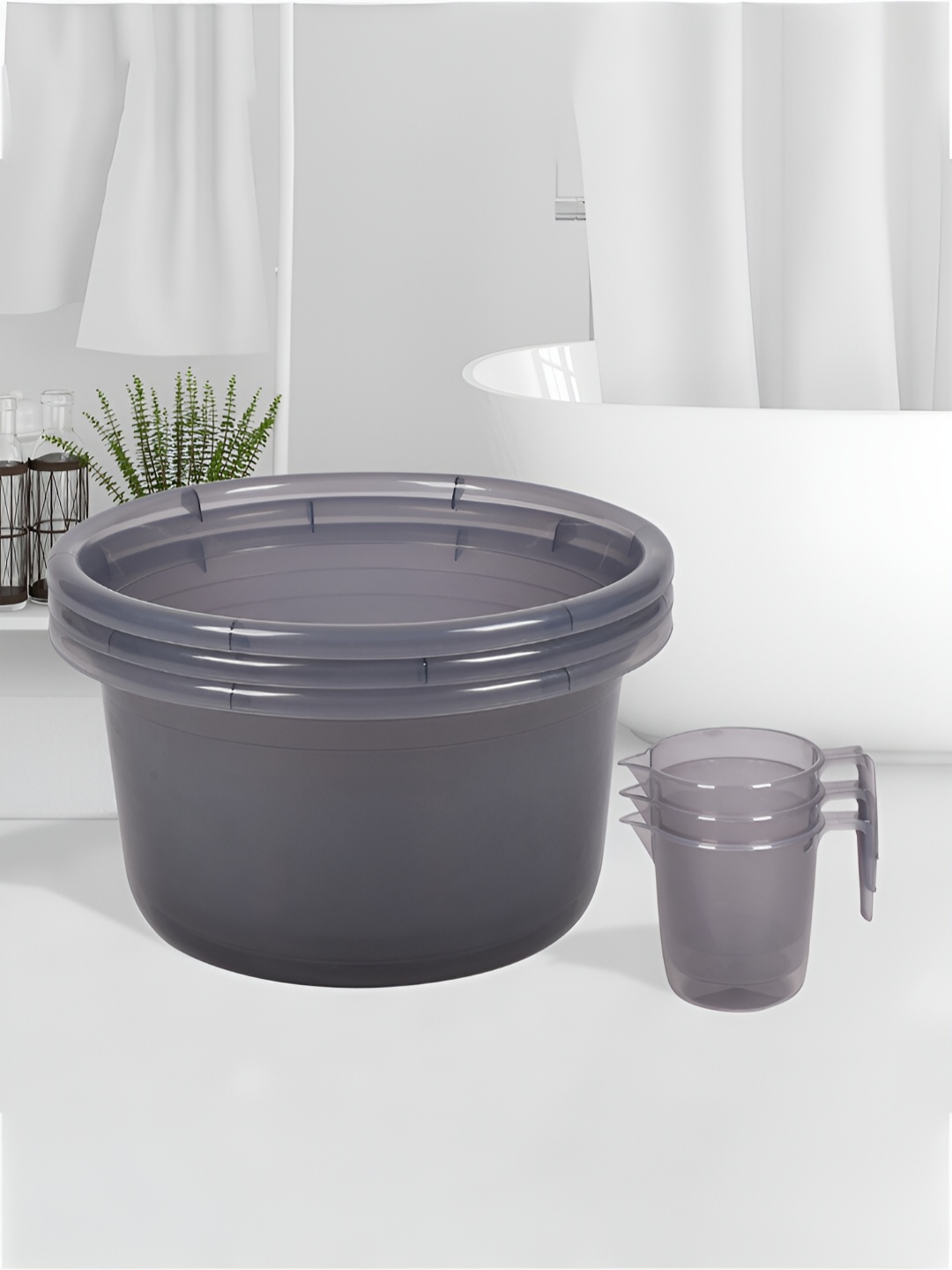 

Kuber Industries Transparent Grey 6 Pieces Bathroom Tub & Mugs