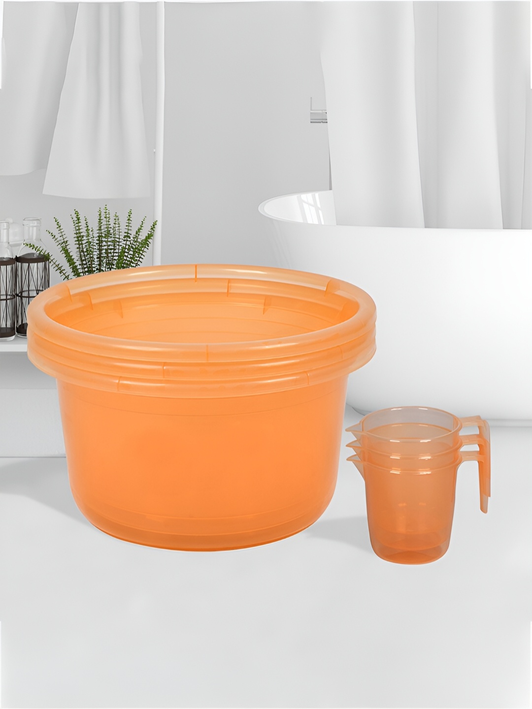

Kuber Industries Transparent & Orange 6 Pieces Bathroom Tub & Mugs