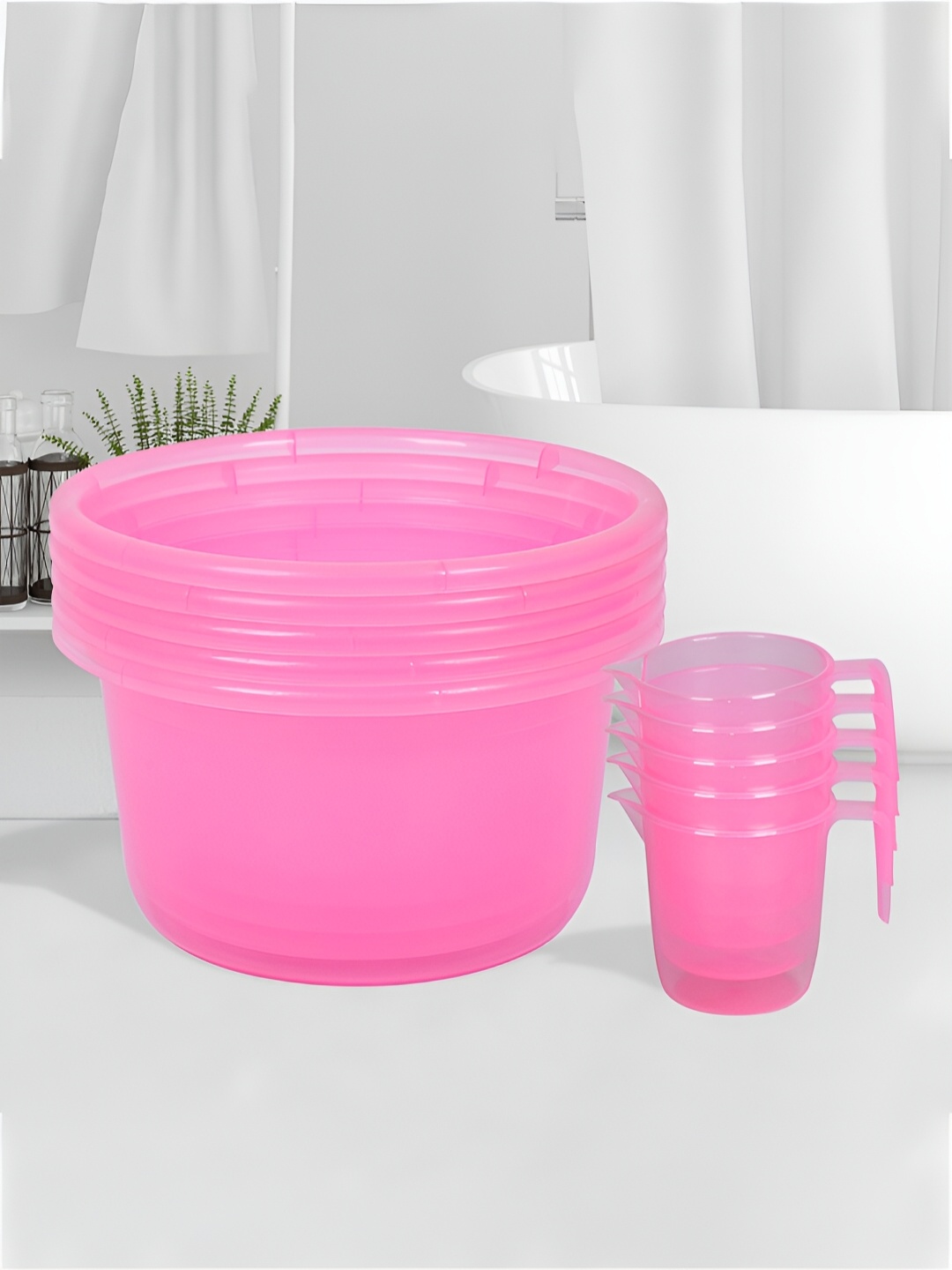 

Kuber Industries Transparent & Pink 10 Pieces Bathroom Tubs & Mugs