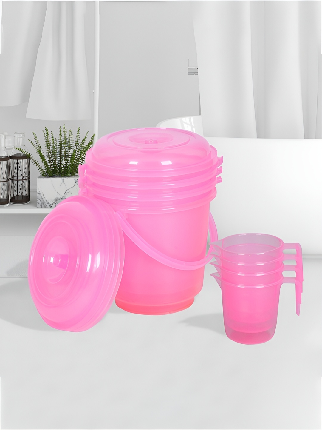 

Kuber Industries Transparent & Pink 8 Pieces Bathroom Bucket & Mugs