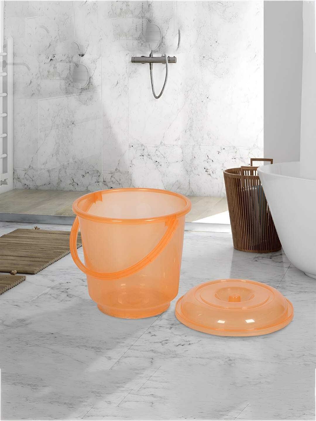 

Kuber Industries Transparent & Orange 10 Pieces Bathroom Bucket & Mugs