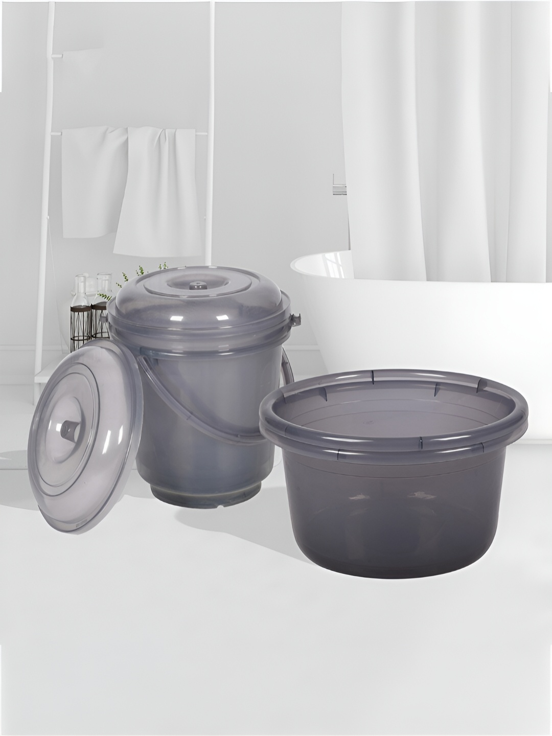 

Kuber Industries Transparent Grey 4 Pieces Bathroom Tub & Buckets