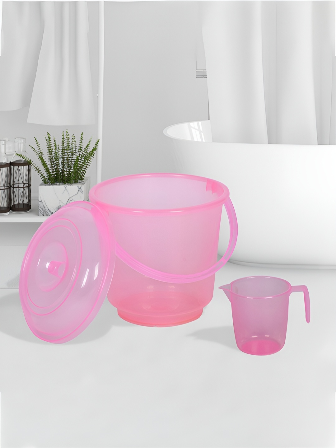 

Kuber Industries Transparent Pink 2 Pieces Bucket & Mug