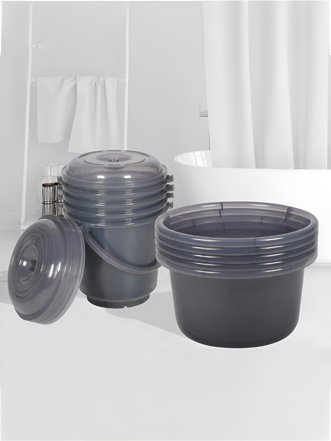 

Kuber Industries Transparent & Grey 10 Pieces Solid Bucket and Tub