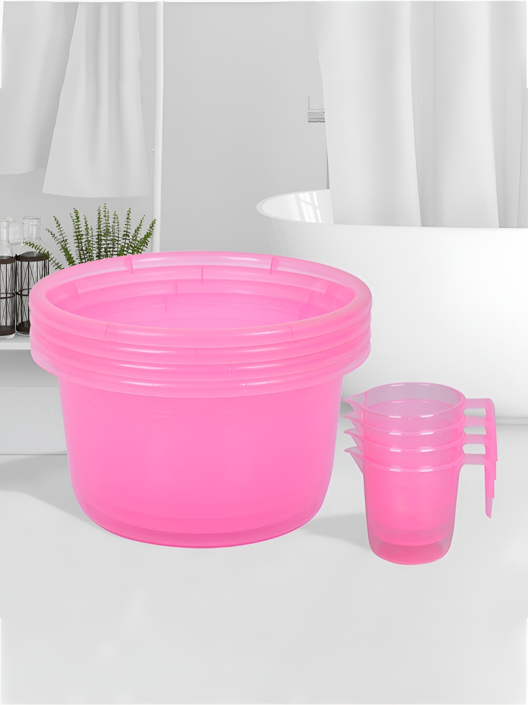 

Kuber Industries Transparent Pink 8 Pieces Bathroom Tub & Mugs