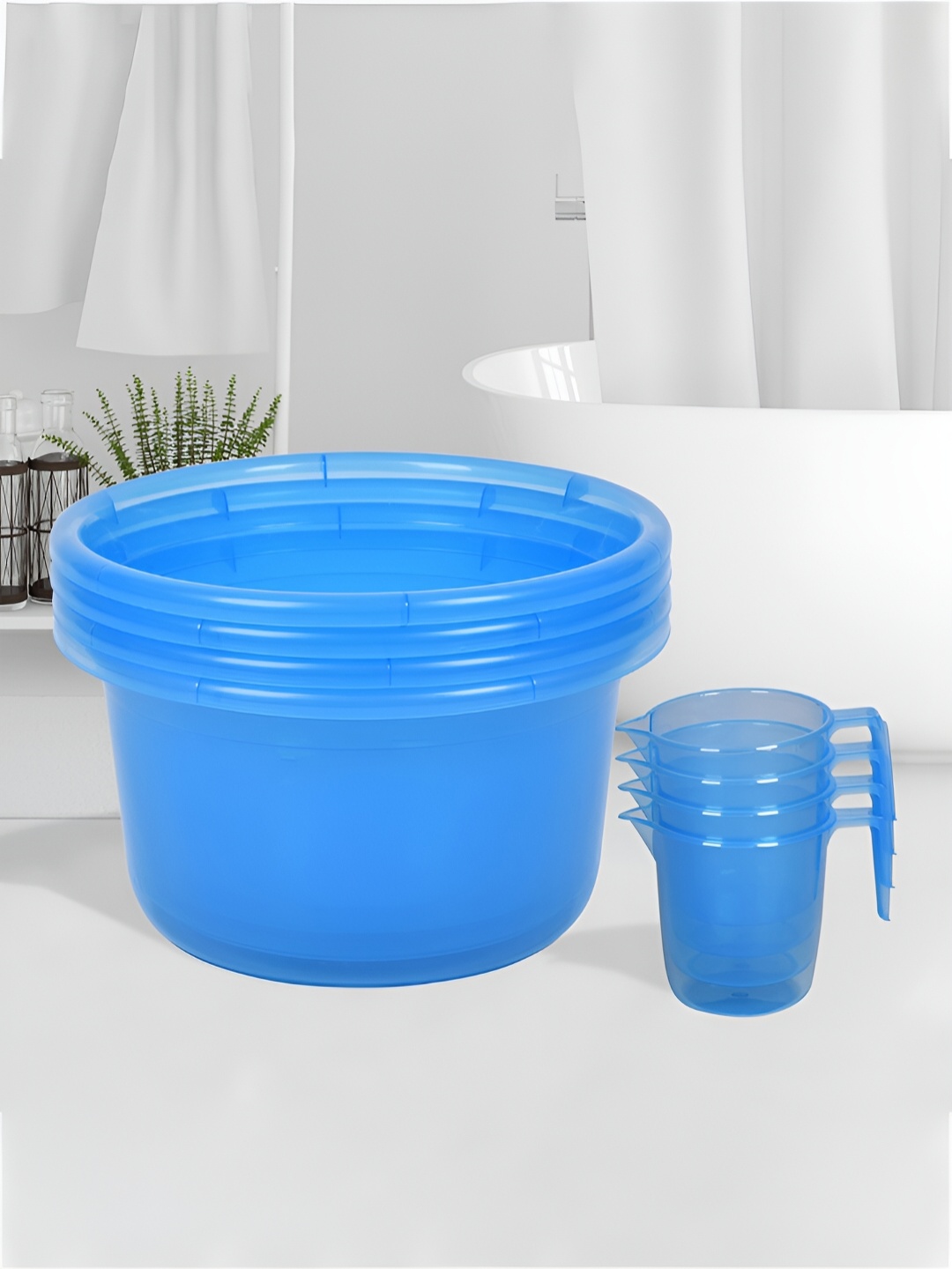 

Kuber Industries Transparent & Blue 8 Pieces Bathroom Tub & Mugs